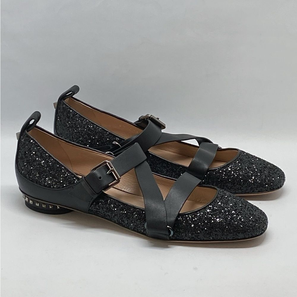 Valentino Garavani Rockstud Strappy Glitter Ballerina Flat size 37